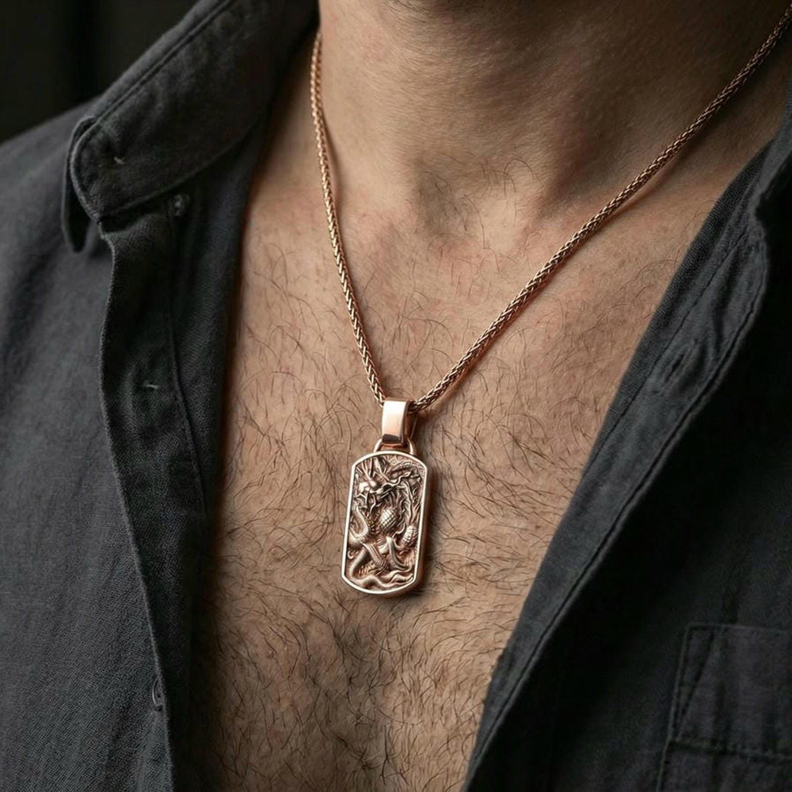 Rose gold plated dragon phoenix yin yang pendant worn on neck, symbolic balance necklace, elegant lifestyle photo