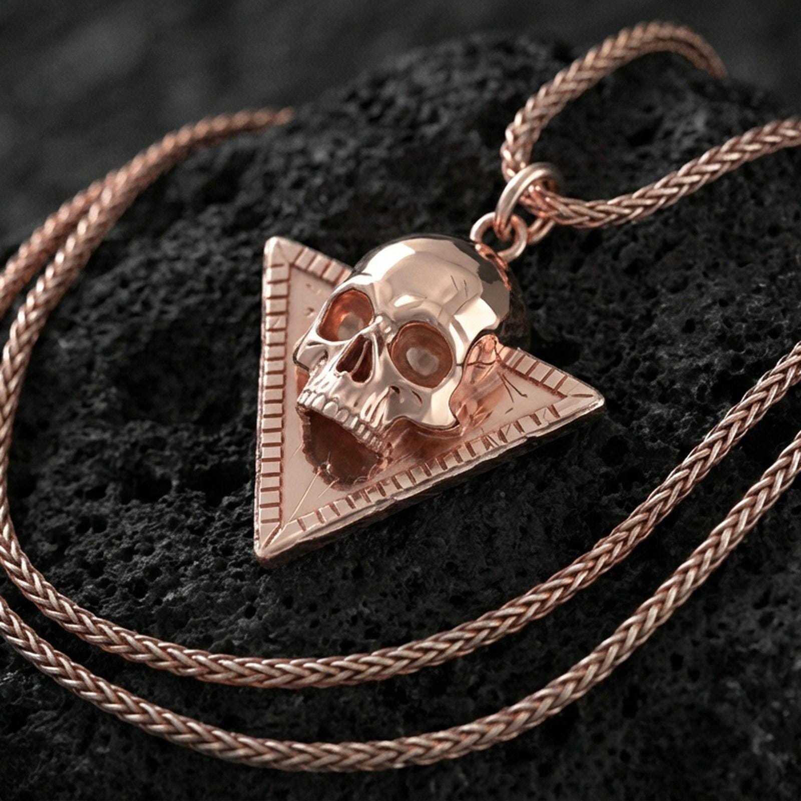 Rose gold plated Absolute’s talisman skull amulet on volcanic stone, BG3 cult symbol pendant, premium macro lighting