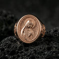 Load image into Gallery viewer, Rose gold plated Our Lady of Guadalupe oval signet ring on volcanic stone, Virgin Mary devotional jewelry, sharp detail

