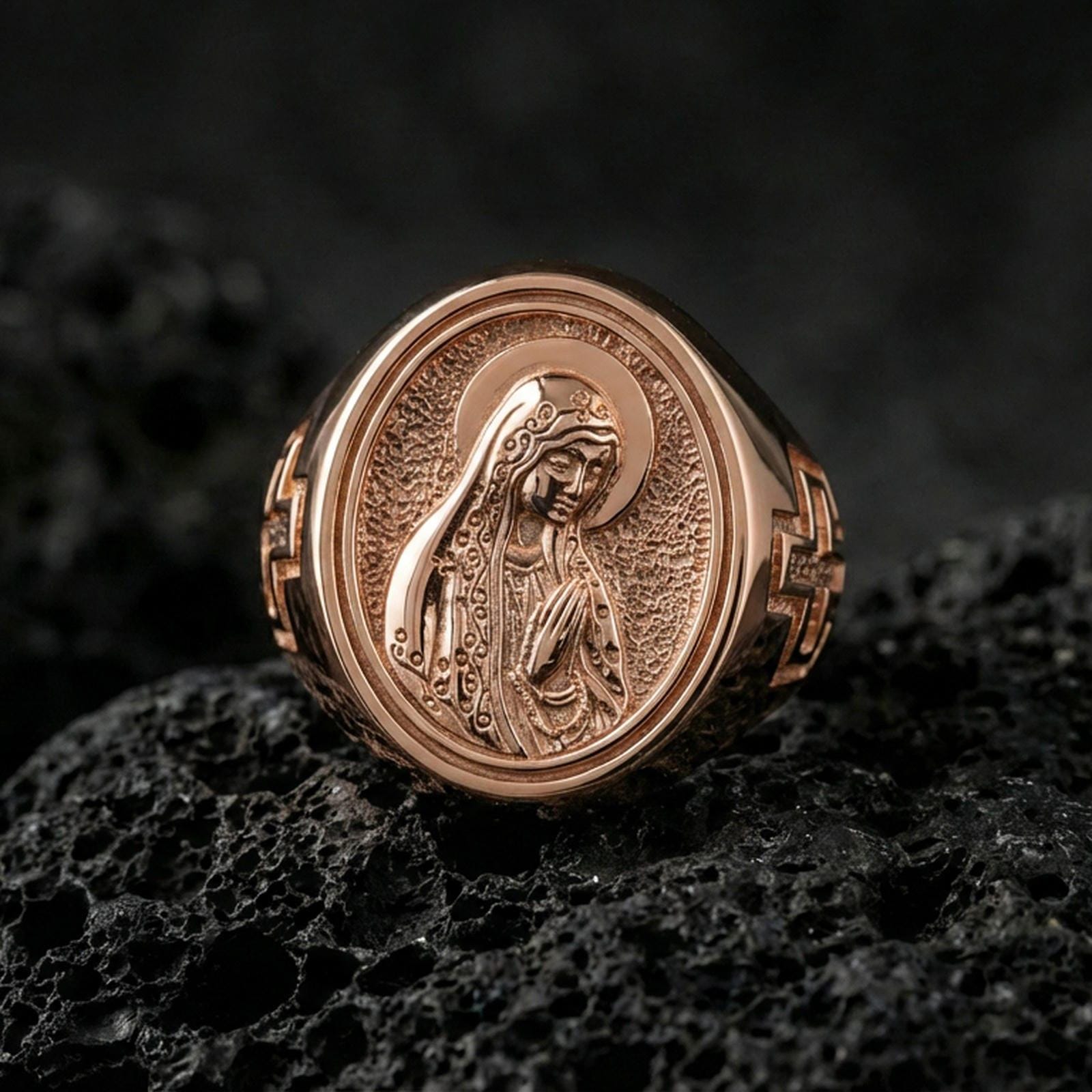 Rose gold plated Our Lady of Guadalupe oval signet ring on volcanic stone, Virgin Mary devotional jewelry, sharp detail