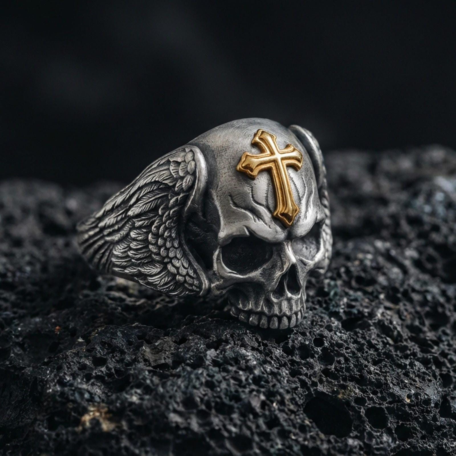 Oxidized sterling silver skull ring with cross on volcanic rock, winged sides, gothic memento mori signet, macro detail