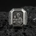 Load image into Gallery viewer, Oxidized sterling silver St Joseph signet ring on volcanic rock, octagon face, Holy family relief, Catholic mens ring macro
