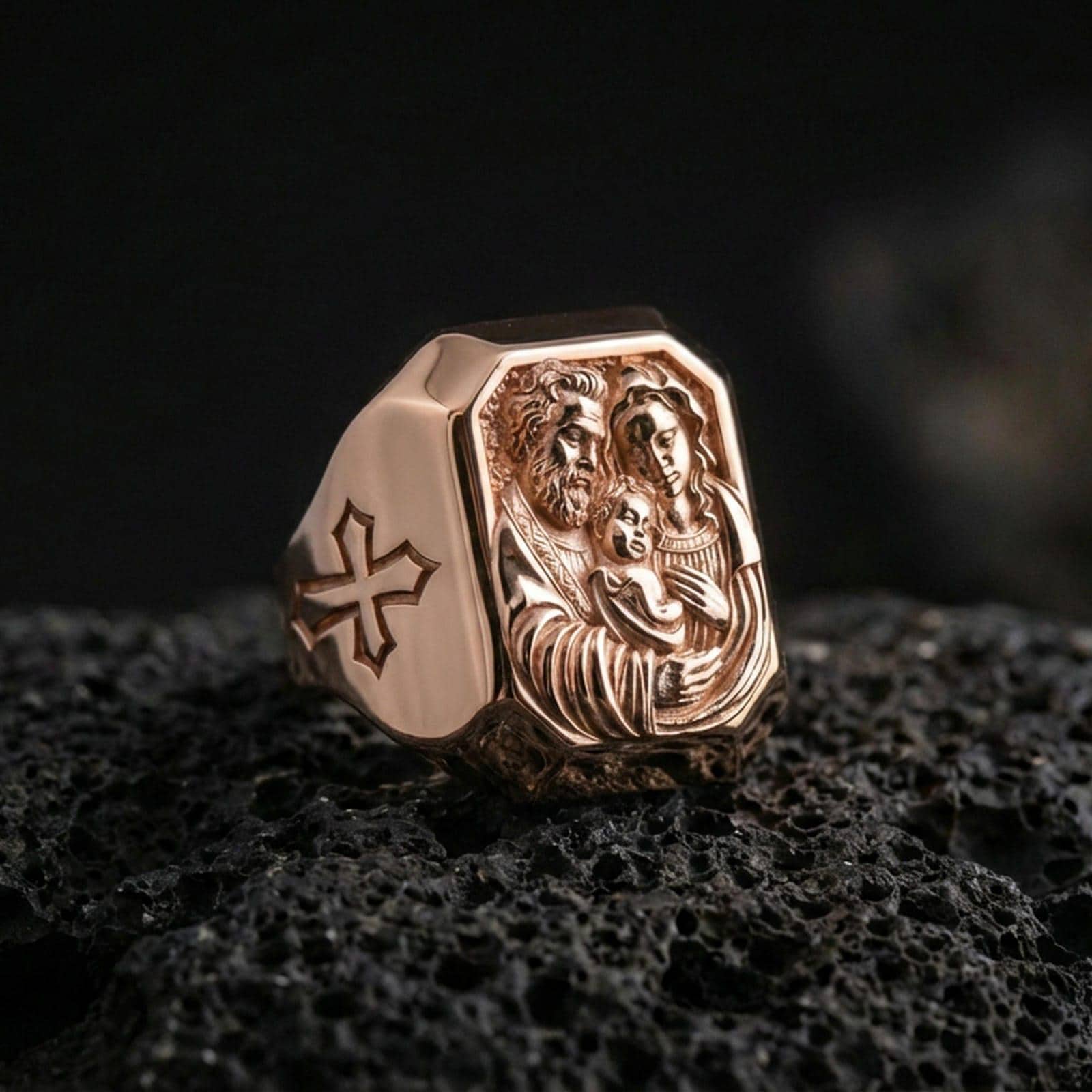 Rose gold plated Holy Family ring on volcanic stone, Holy Family portrait relief ring, Christian devotional jewelry macro