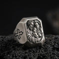Load image into Gallery viewer, Oxidized sterling silver Holy Family ring on volcanic rock, St Joseph Mary and infant Jesus relief, cross side detail
