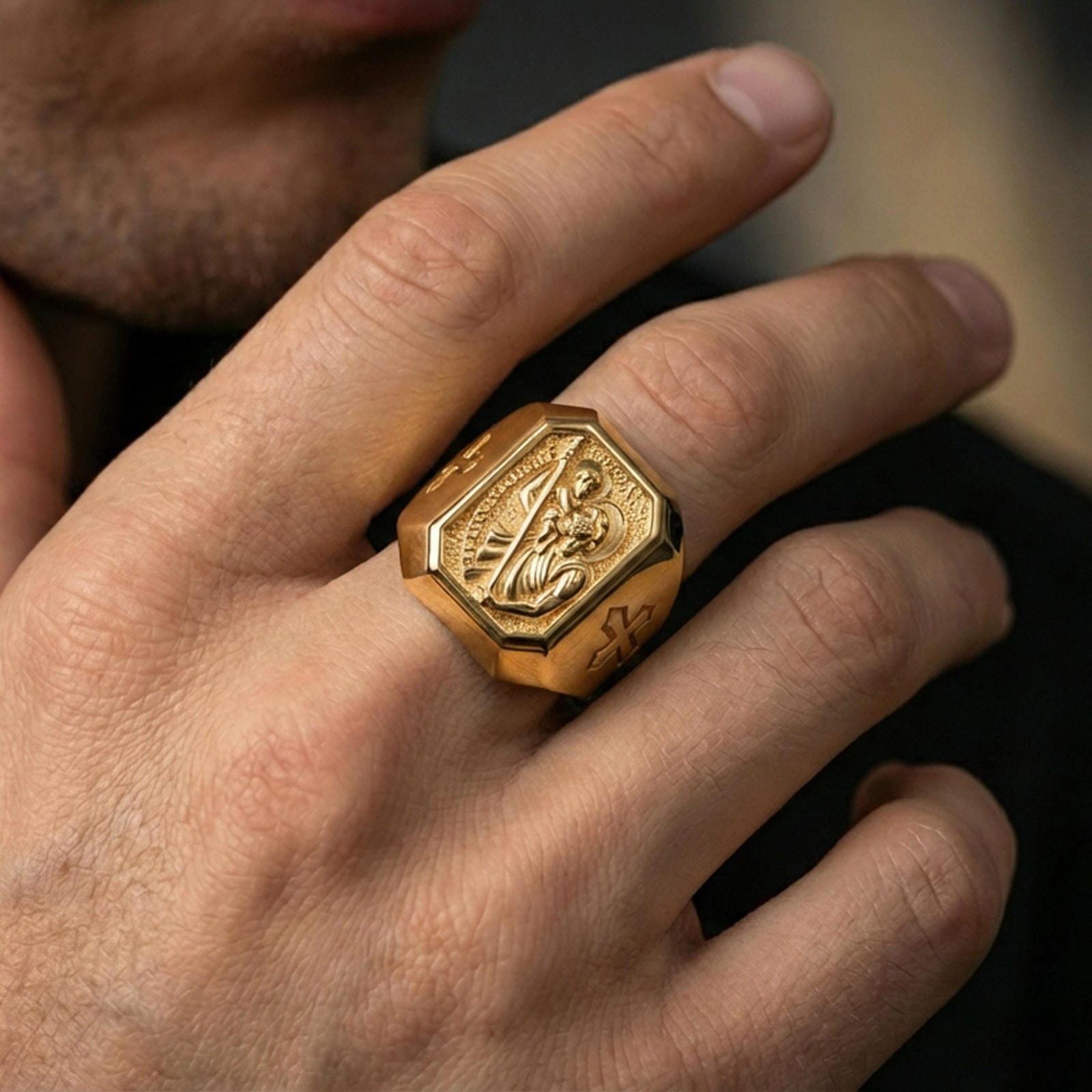 Gold plated St Christopher ring worn on finger, religious signet ring with cross side motif, Catholic gift for him