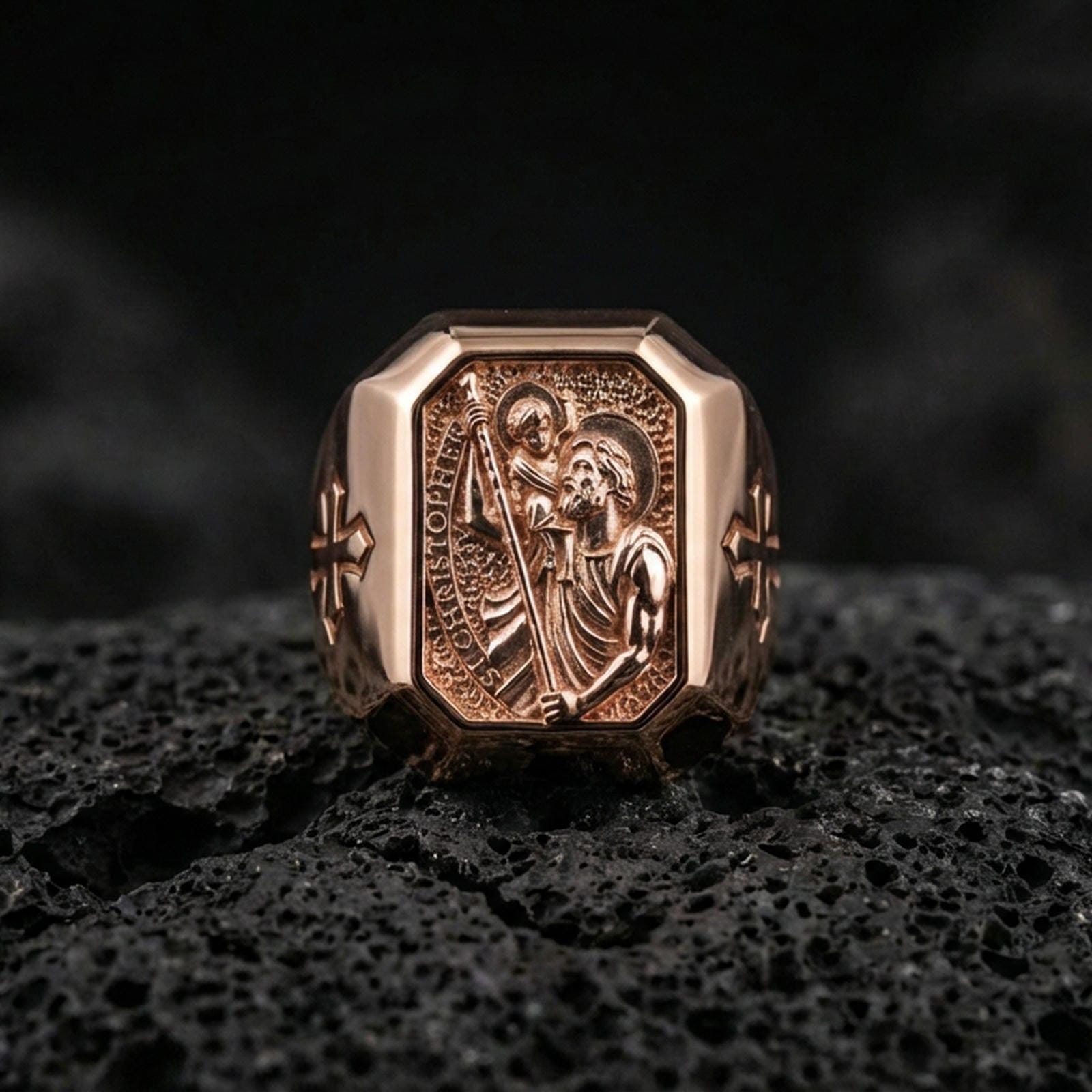Rose gold plated St Christopher ring on volcanic stone, Saint Christopher carrying child relief, religious jewelry macro