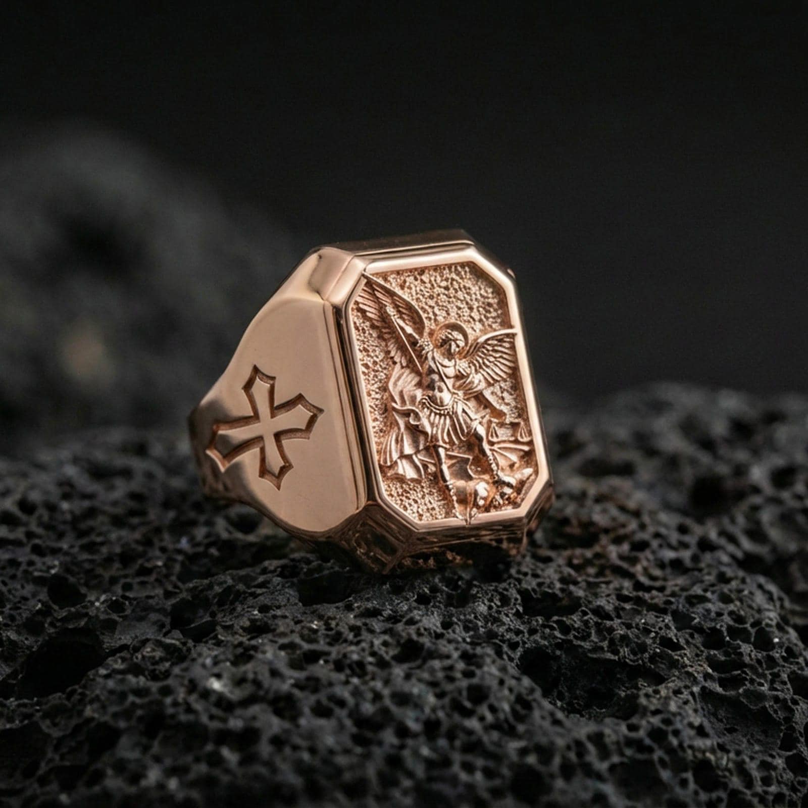 Rose gold plated Saint Michael ring on volcanic stone, Saint Michael slaying demon design, Templar cross signet