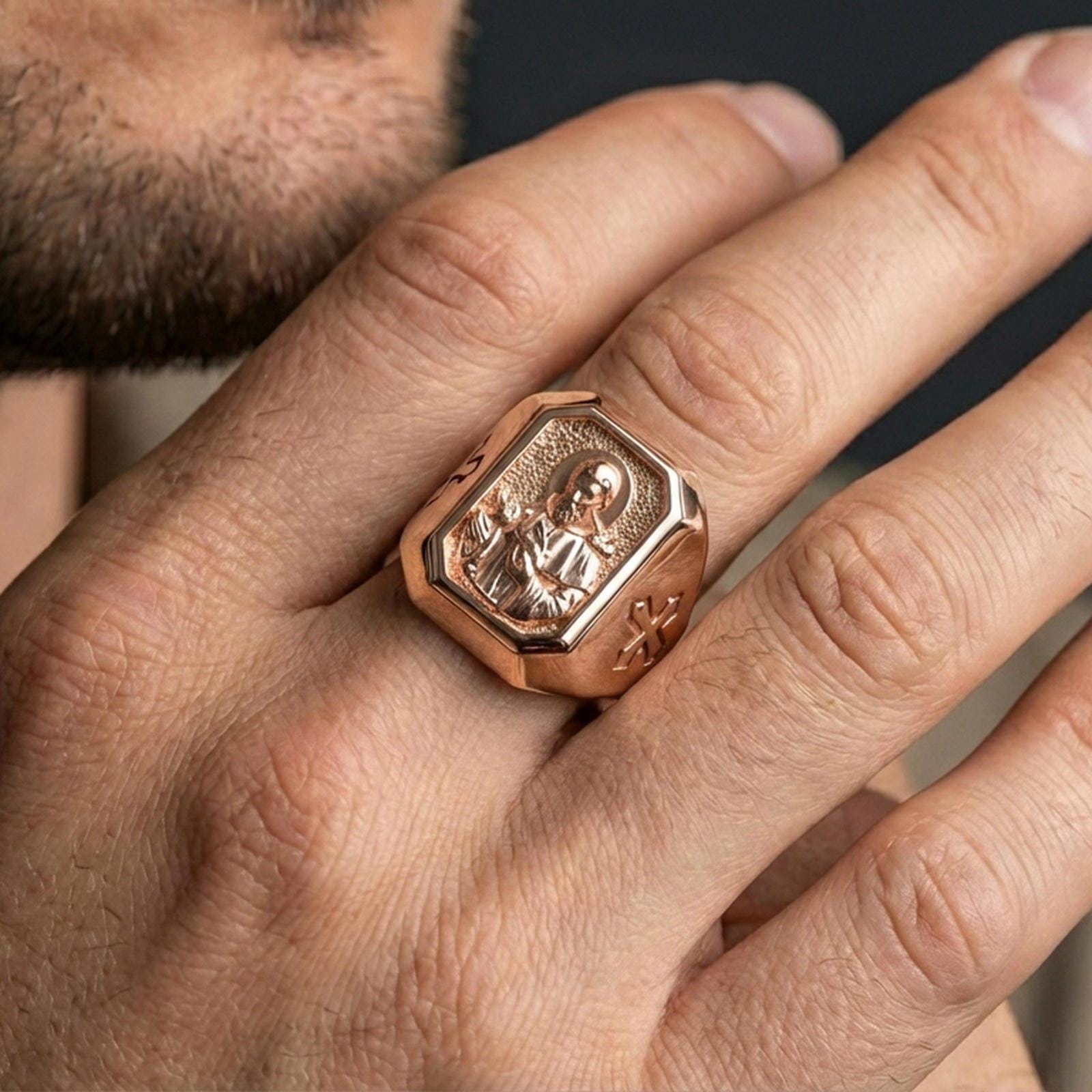 Rose gold plated St Francis signet ring worn on finger, religious saint portrait, Catholic gift jewelry