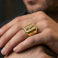 Load image into Gallery viewer, Gold plated St Michael signet ring worn on finger, archangel guardian emblem, religious gift for men
