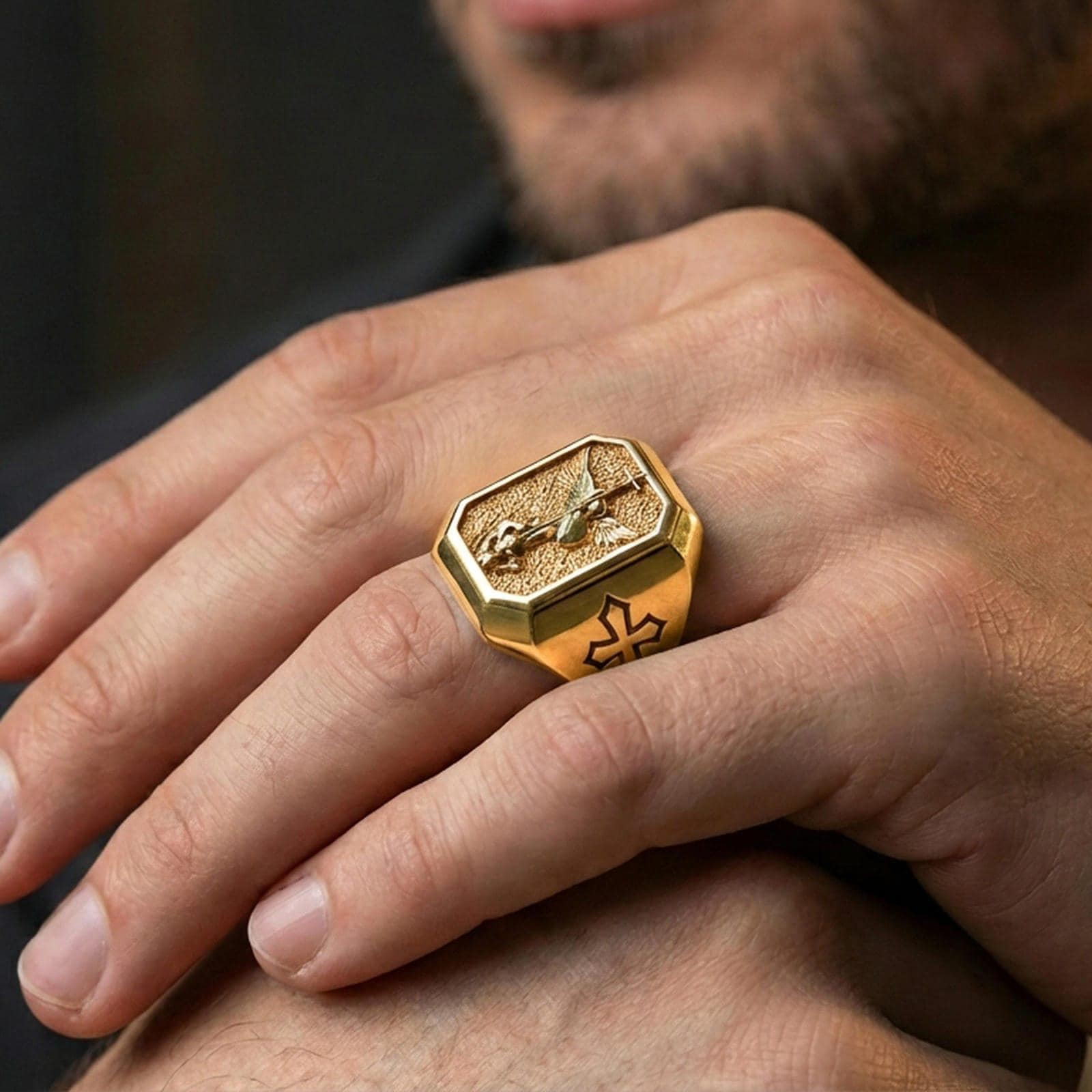 Gold plated St Michael signet ring worn on finger, archangel guardian emblem, religious gift for men