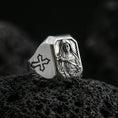 Load image into Gallery viewer, Polished silver St Rita of Cascia signet ring on porous volcanic stone, detailed saint portrait, Catholic cross ring
