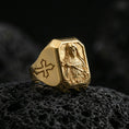 Load image into Gallery viewer, Gold plated St Rita of Cascia signet ring on dark volcanic rock, saint relief carving, cross side detail
