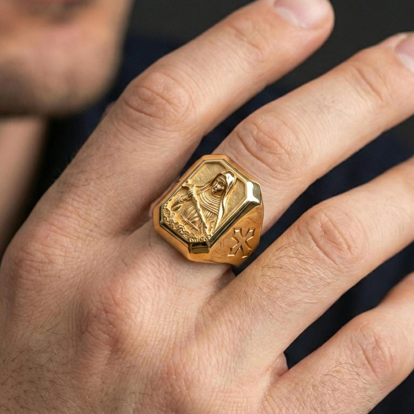 Gold plated St Rita signet ring worn on finger, saint relief emblem, Catholic gift for men