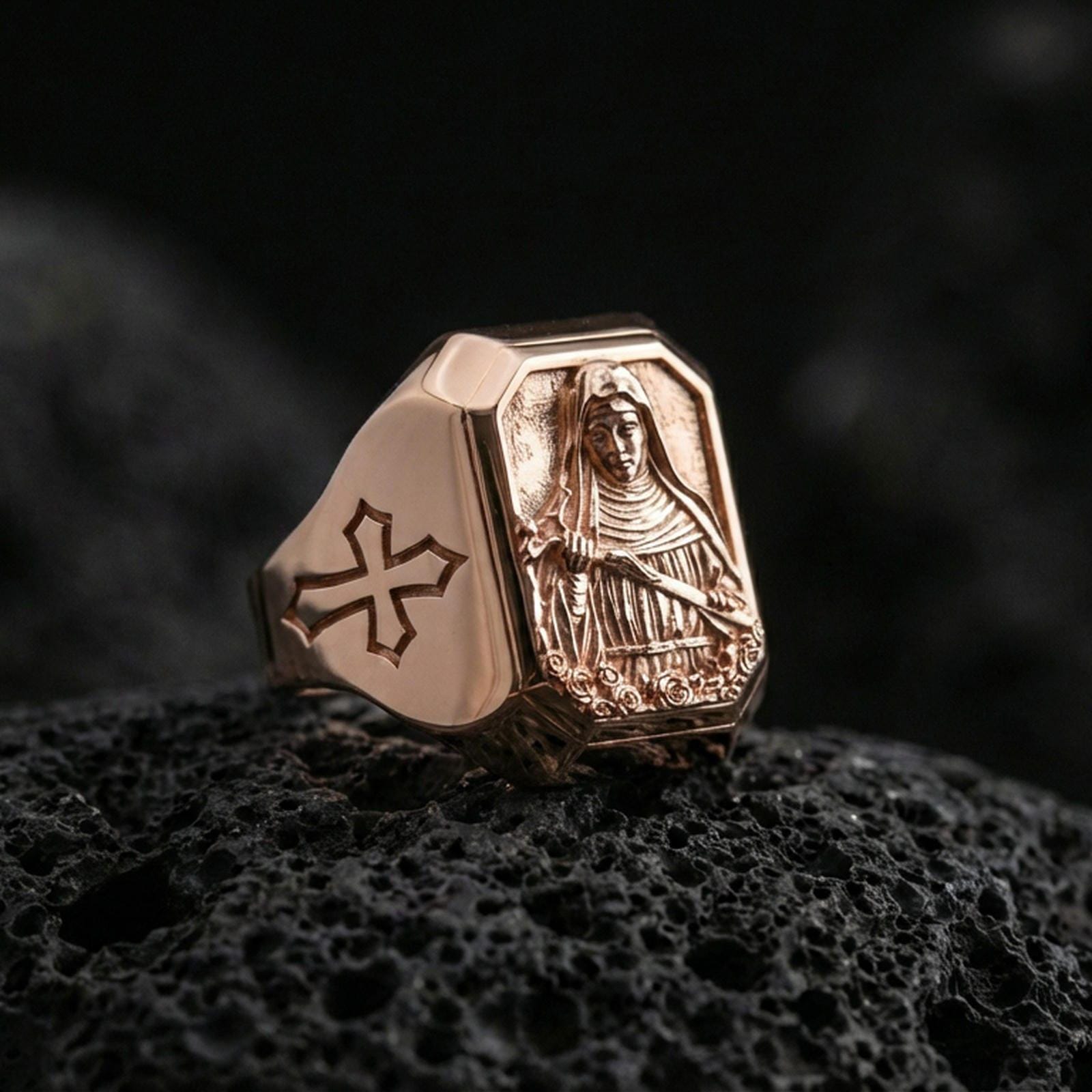 Rose gold plated St Rita of Cascia signet ring on volcanic stone, Catholic saint cameo, religious statement ring