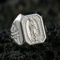 Load image into Gallery viewer, Polished silver Our Lady of Guadalupe ring on porous volcanic stone, detailed Virgin Mary engraving, Catholic signet jewelry
