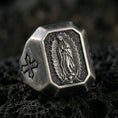 Load image into Gallery viewer, Oxidized sterling silver Our Lady of Guadalupe signet ring on volcanic rock, Marian icon relief, cross shoulder detail
