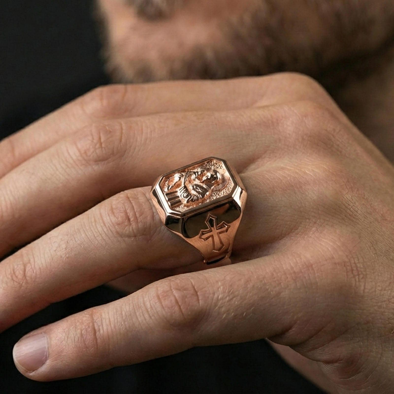 Rose gold plated St Anthony ring worn on finger, saint portrait signet style, devotional Catholic jewelry gift