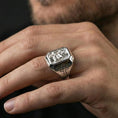 Load image into Gallery viewer, Polished silver St Anthony signet ring worn on finger, Catholic faith ring, detailed saint engraving

