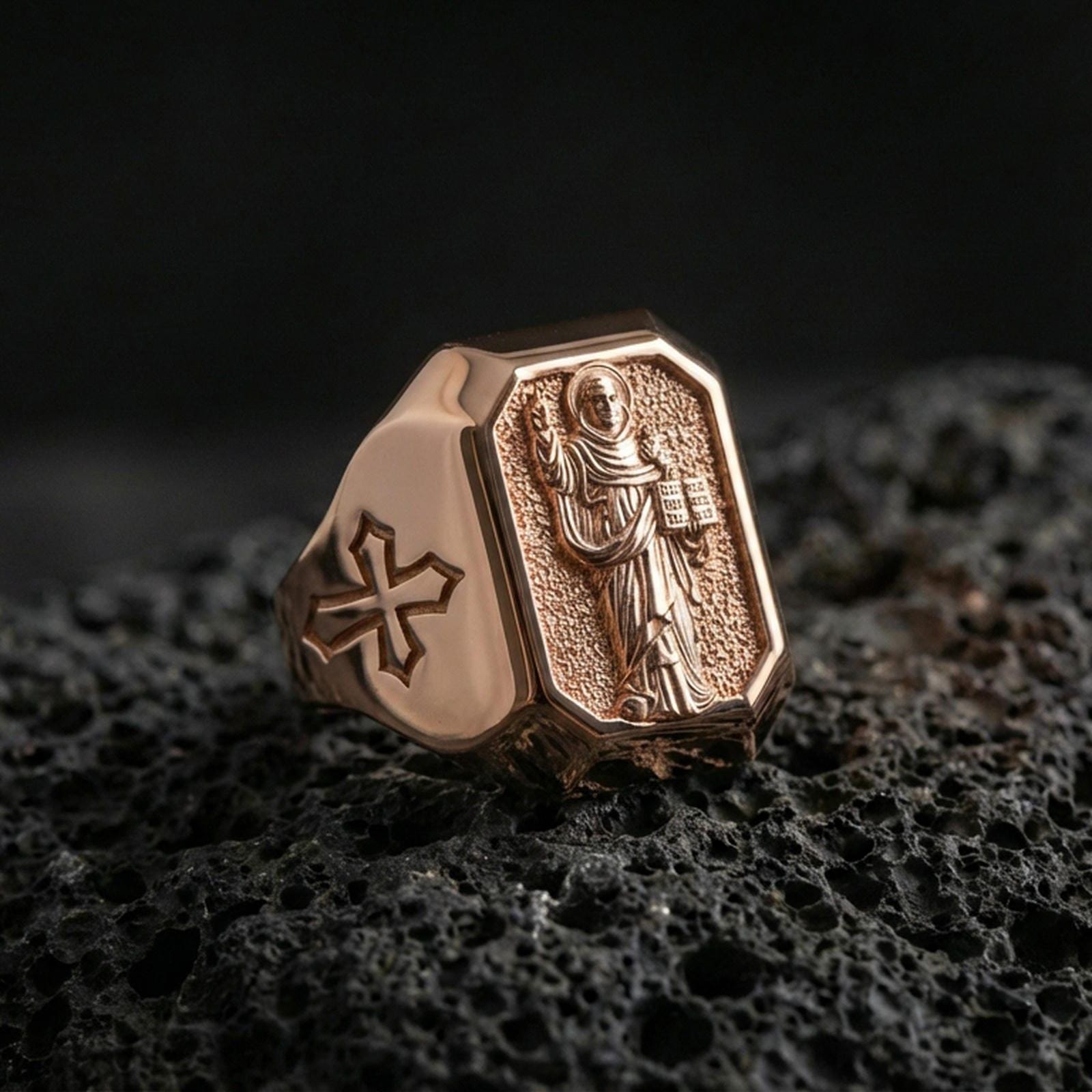 Rose gold plated St Dominic ring on volcanic stone, religious men’s signet style, St Dominic engraved jewelry