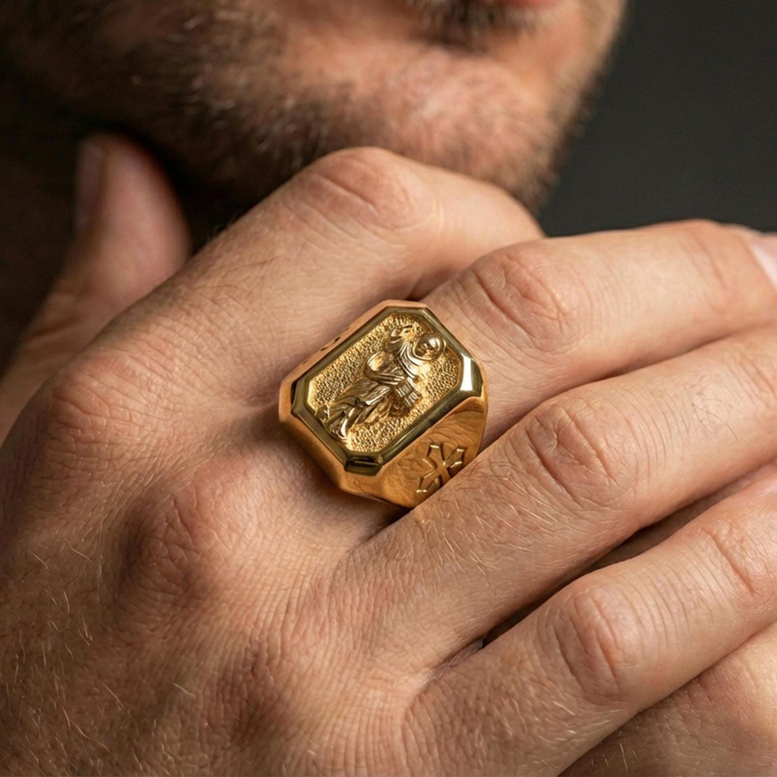 Gold plated St Dominic ring worn on finger, religious men’s signet jewelry, meaningful Christian gift for him