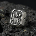 Load image into Gallery viewer, Oxidized sterling silver Jesus Shepherd signet ring on volcanic rock, Good Shepherd relief with lamb, cross side engraving
