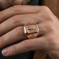 Load image into Gallery viewer, Rose gold plated Jesus Christ ring worn on finger, crown of thorns portrait signet style, devotional prayer jewelry gift
