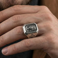 Load image into Gallery viewer, Oxidized sterling silver Jesus crown of thorns ring worn on finger, Christ portrait relief, cross shoulder engraving
