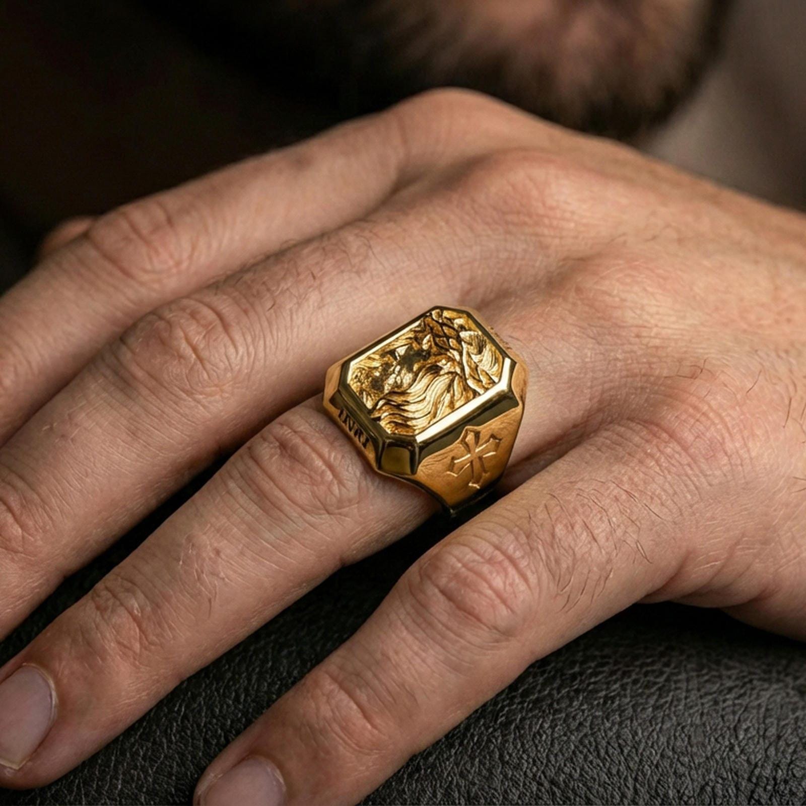 Gold plated Jesus crown of thorns ring worn on finger, religious men’s signet jewelry, meaningful Christian gift for him