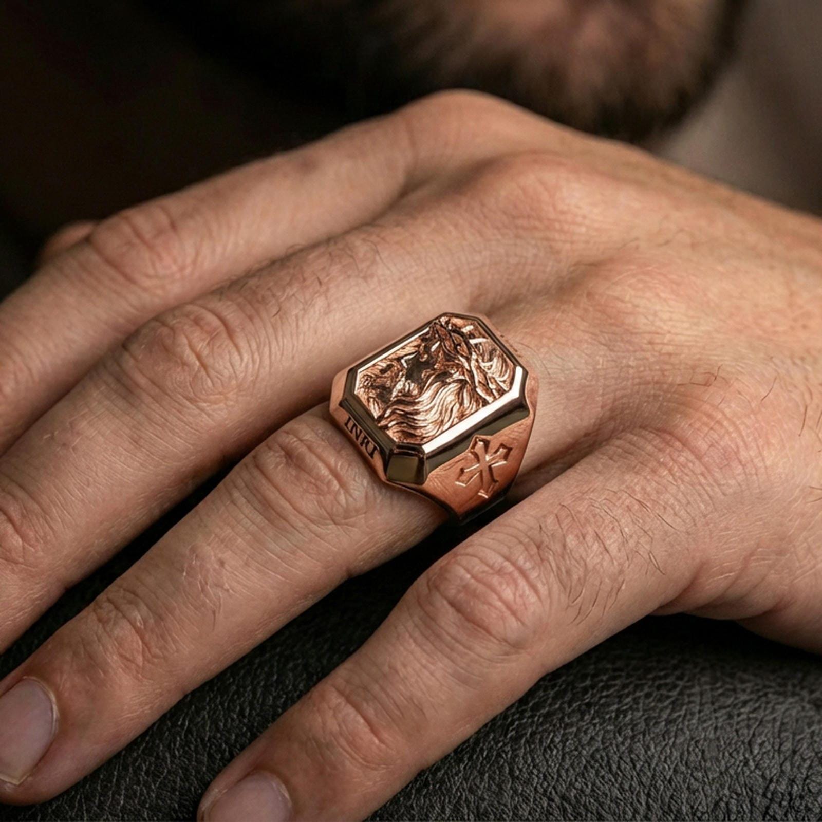Rose gold plated Jesus Christ crown of thorns ring worn on finger, side-profile Christ engraving, devotional prayer jewelry gift