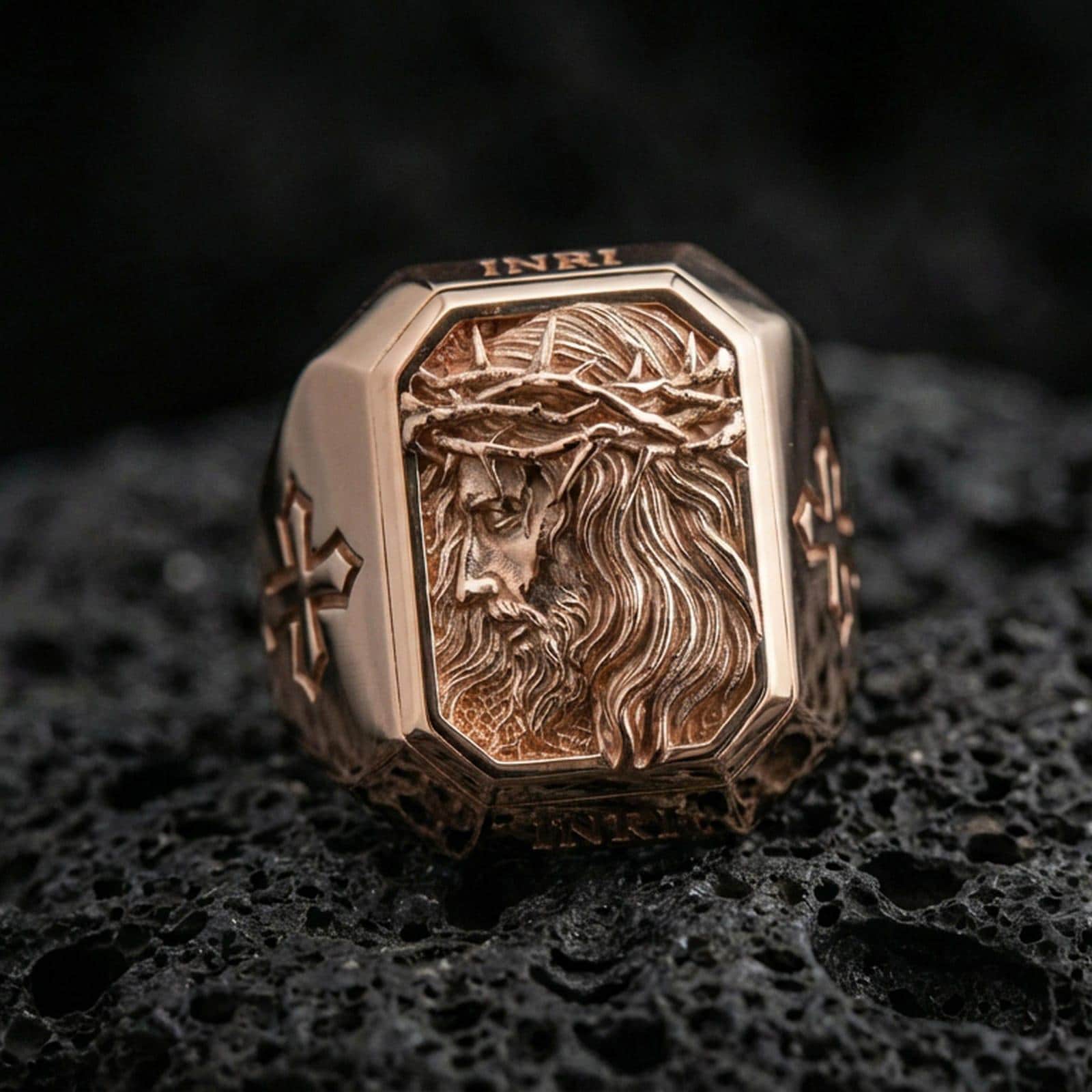 Rose gold plated Jesus crown of thorns ring on volcanic stone, Christ side portrait relief, religious signet style jewelry