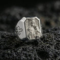 Load image into Gallery viewer, Polished silver Madonna and Child signet ring on porous volcanic stone, detailed Virgin Mary portrait, Catholic devotion jewelry
