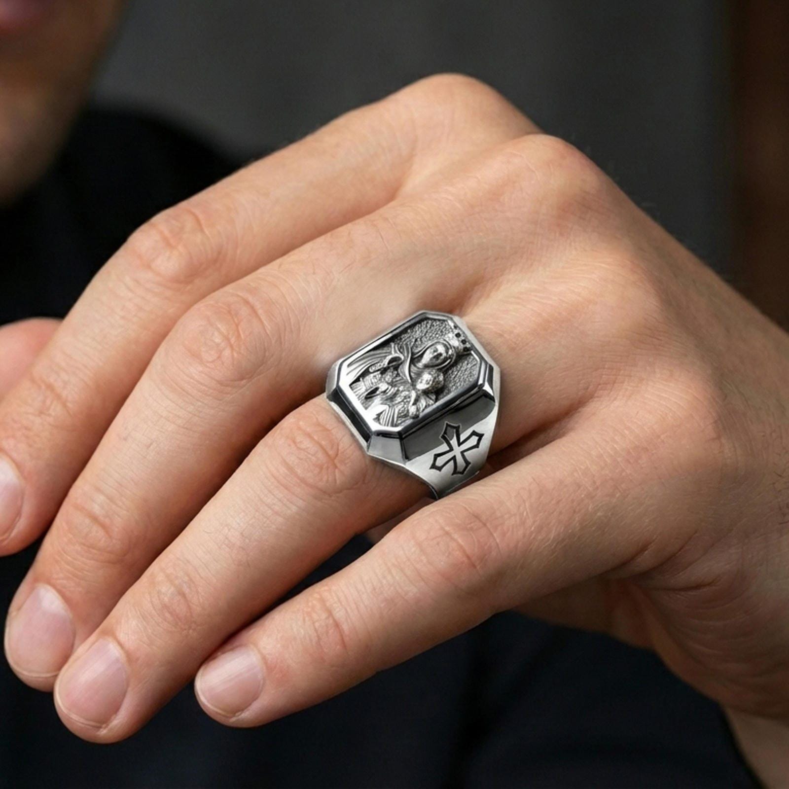 Polished silver Madonna and Child ring worn on finger, Virgin Mary portrait engraving, meaningful religious gift for her