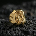 Load image into Gallery viewer, Gold plated Virgin Mary and Child ring on dark volcanic rock, crowned Madonna relief engraving, Christian signet style ring
