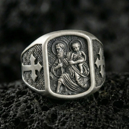Oxidized sterling silver Saint Christopher ring on volcanic rock, patron of travelers carrying child relief, cross side engraving