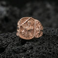 Load image into Gallery viewer, Rose gold plated Saint Michael signet ring on volcanic stone, archangel battle scene engraving, faith protection ring for him

