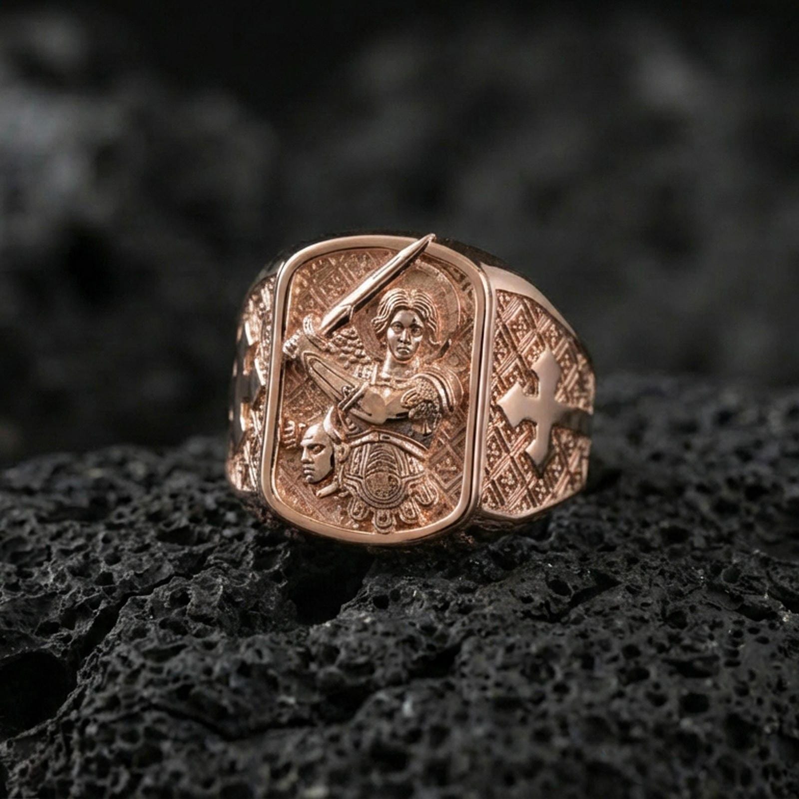 Rose gold plated Saint Michael signet ring on volcanic stone, archangel battle scene engraving, faith protection ring for him