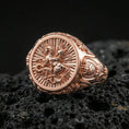 Load image into Gallery viewer, Rose gold plated St George ring on volcanic stone, intricate saint and dragon relief, Christian guardian ring gift
