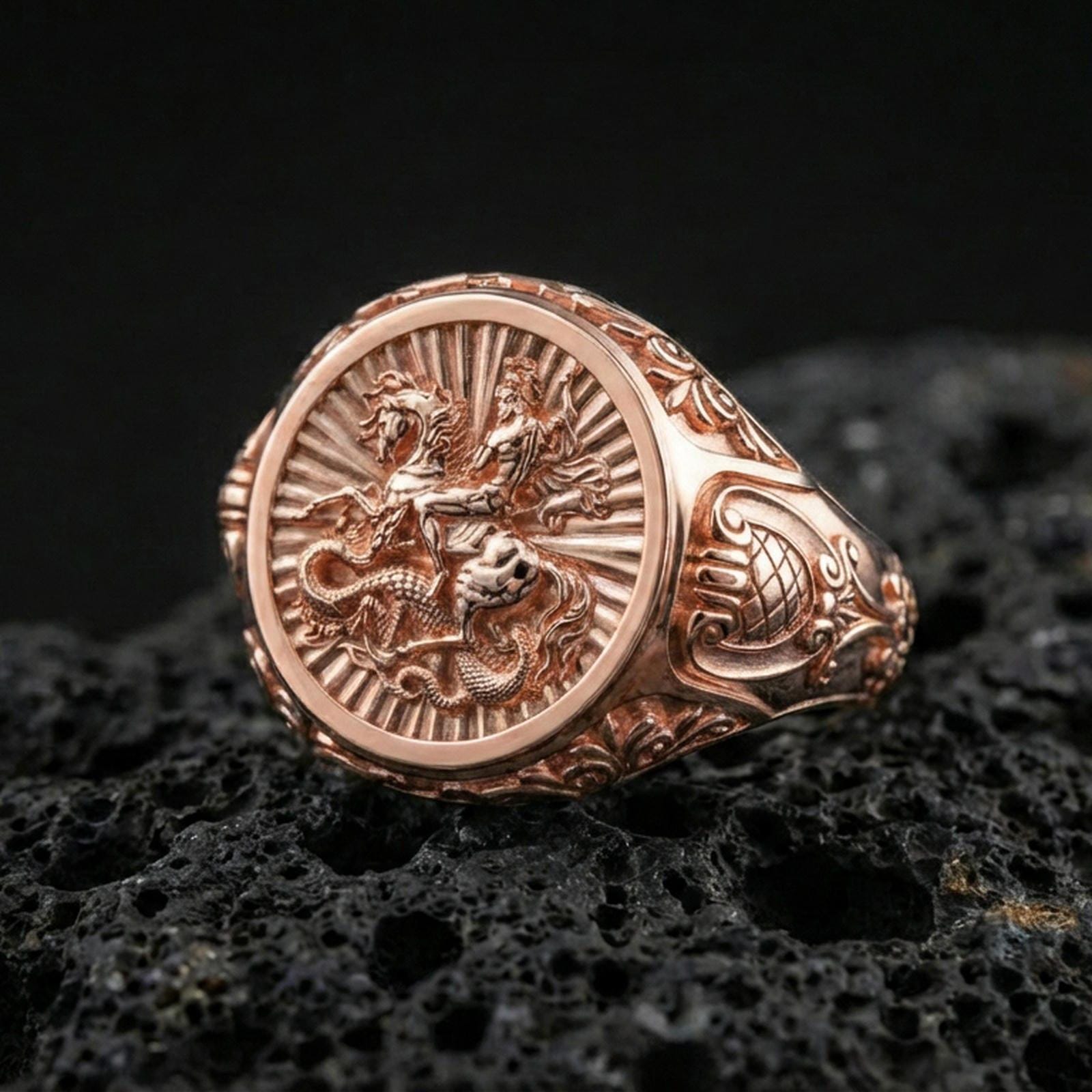 Rose gold plated St George ring on volcanic stone, intricate saint and dragon relief, Christian guardian ring gift