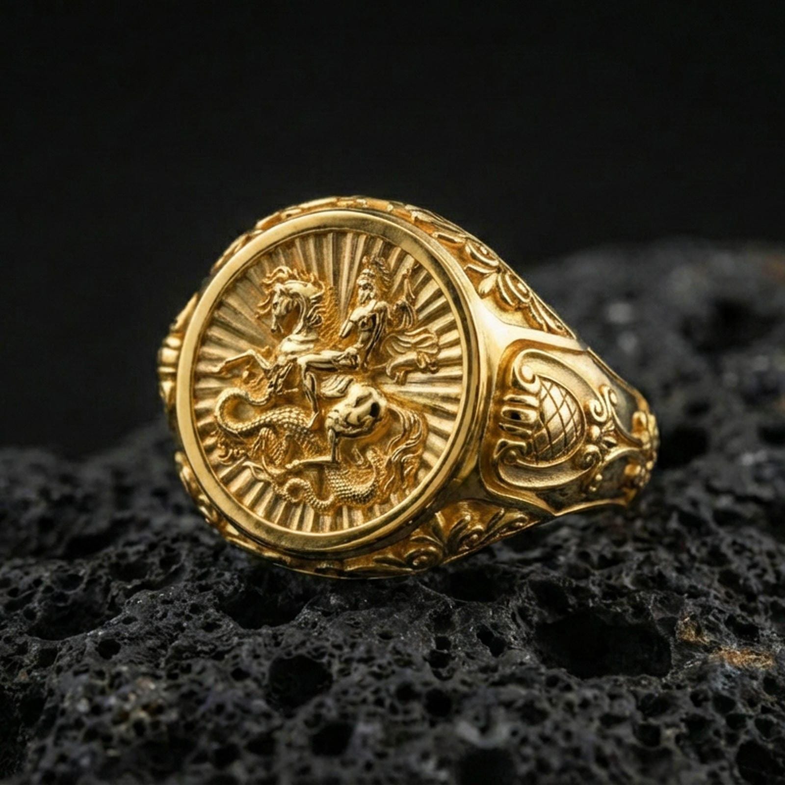 Gold plated St George signet ring on dark volcanic rock, saint warrior defeating dragon cameo, faith protection jewelry