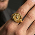 Load image into Gallery viewer, Gold plated St George signet ring worn on finger, saint defeating dragon symbol, bold Christian protector ring gift
