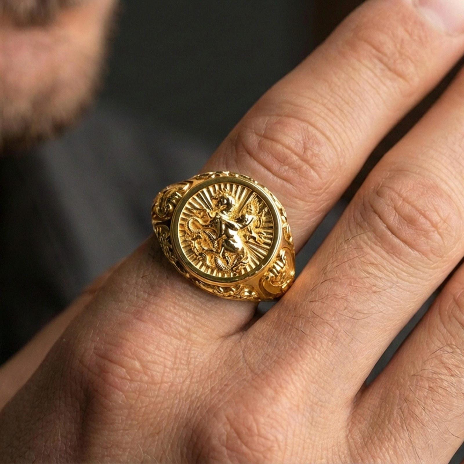 Gold plated St George signet ring worn on finger, saint defeating dragon symbol, bold Christian protector ring gift