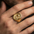 Load image into Gallery viewer, Gold plated Madonna and Child ring worn on finger, Virgin Mary devotion symbol, religious gift for her
