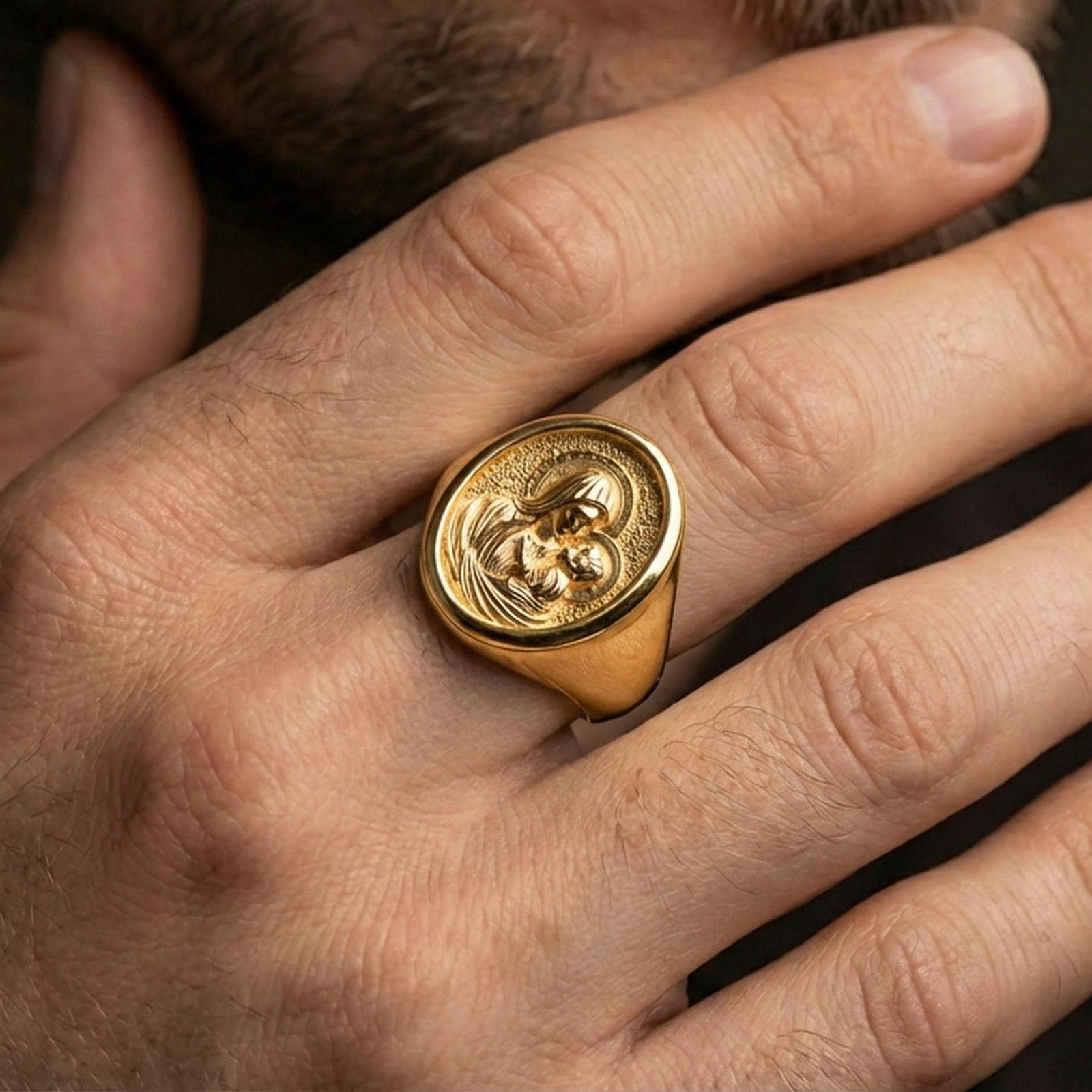 Gold plated Madonna and Child ring worn on finger, Virgin Mary devotion symbol, religious gift for her