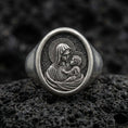 Load image into Gallery viewer, Oxidized sterling silver Mother Mary ring on volcanic rock, Madonna and Child relief, Catholic devotional jewelry
