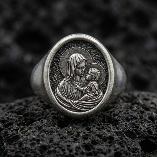 Oxidized sterling silver Mother Mary ring on volcanic rock, Madonna and Child relief, Catholic devotional jewelry