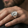 Load image into Gallery viewer, Polished silver Jesus portrait ring on hand, classic religious signet ring styling for daily wear
