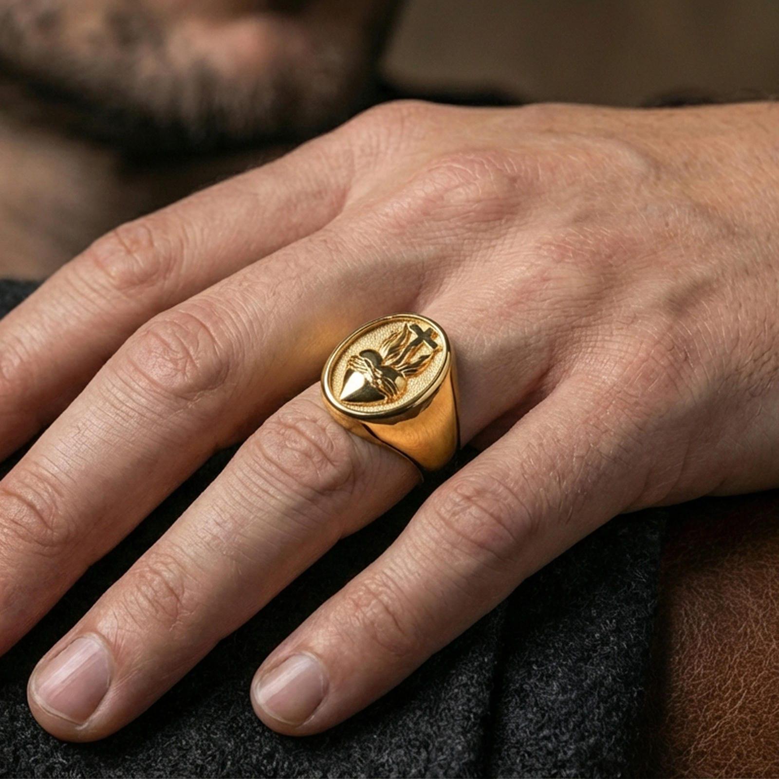 Gold plated Sacred Heart ring worn on finger, crown of thorns heart symbol, meaningful religious gift