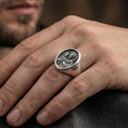 Load image into Gallery viewer, Oxidized St Joseph signet ring worn on finger, Catholic patron saint ring with Holy Family motif
