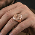 Load image into Gallery viewer, Rose gold plated St Mark ring on hand, evangelist symbol signet ring for daily wear
