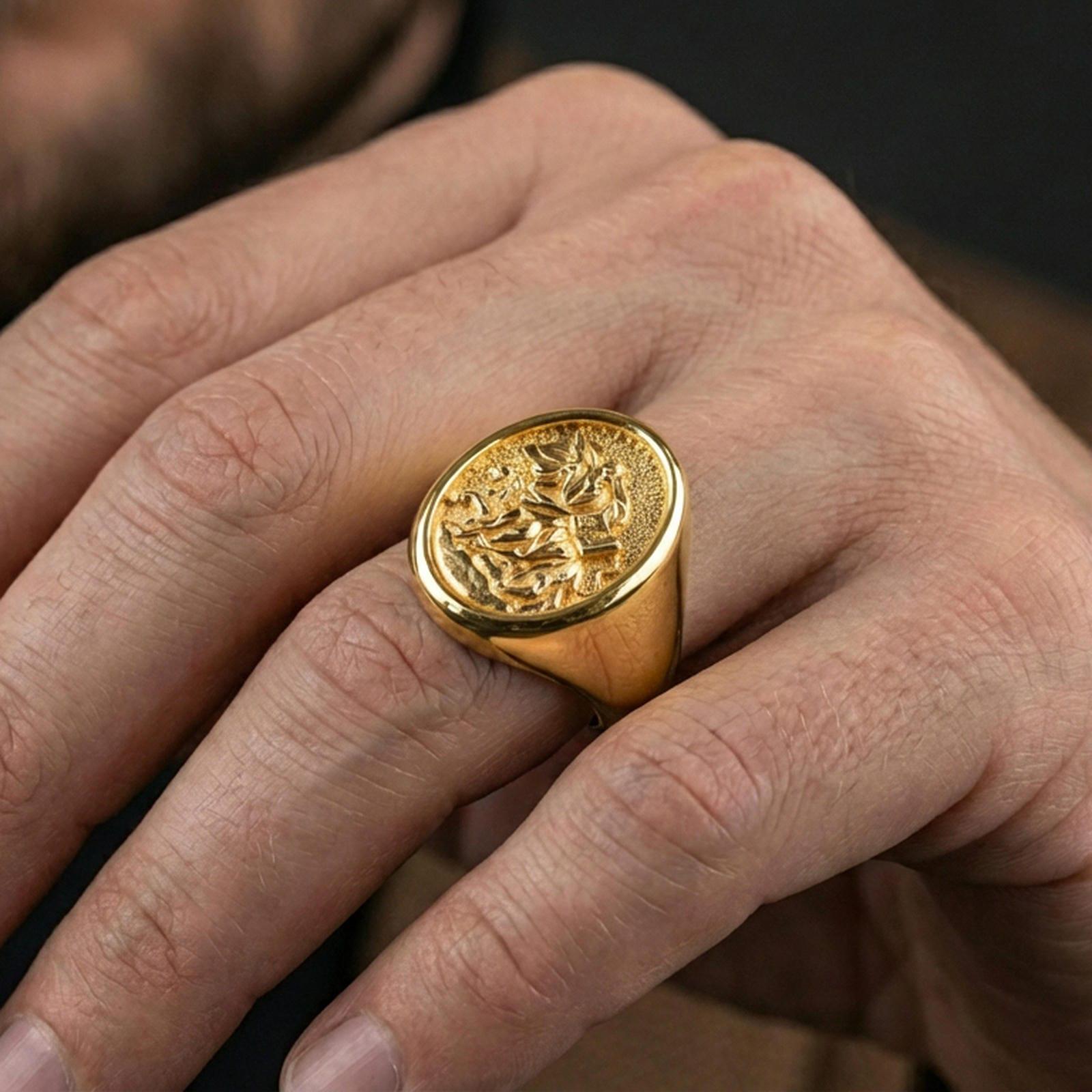 Gold plated St Mark signet ring worn on finger, Christian religious gift with winged lion motif